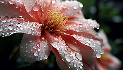 A close-up of dew-kissed petals of a blooming flower.