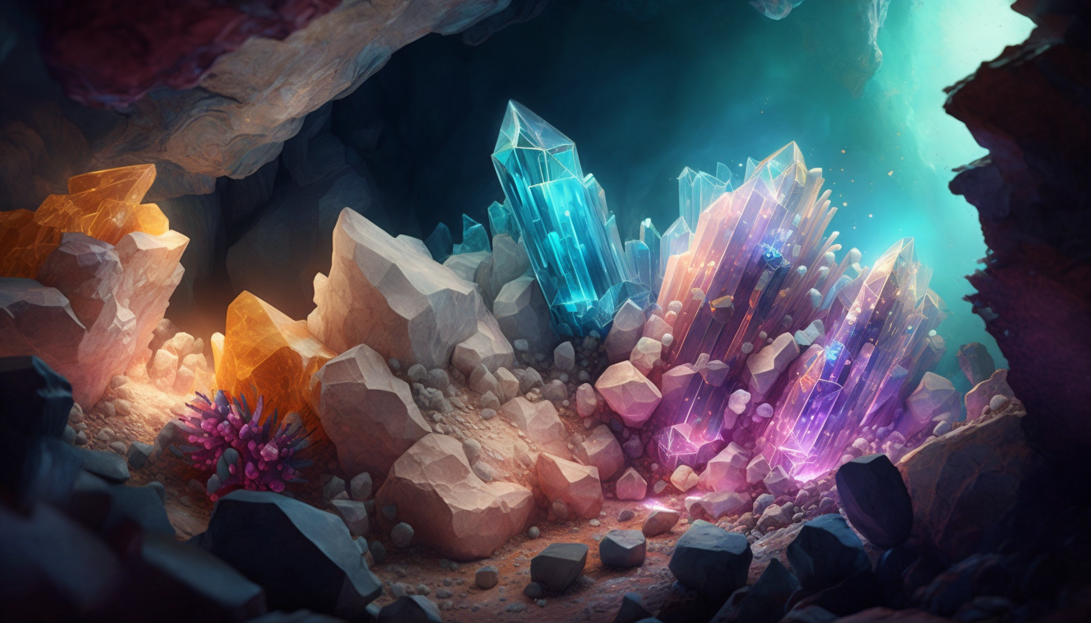 "Crystal Cavern": A glittering underground world of colorful crystals and formations.