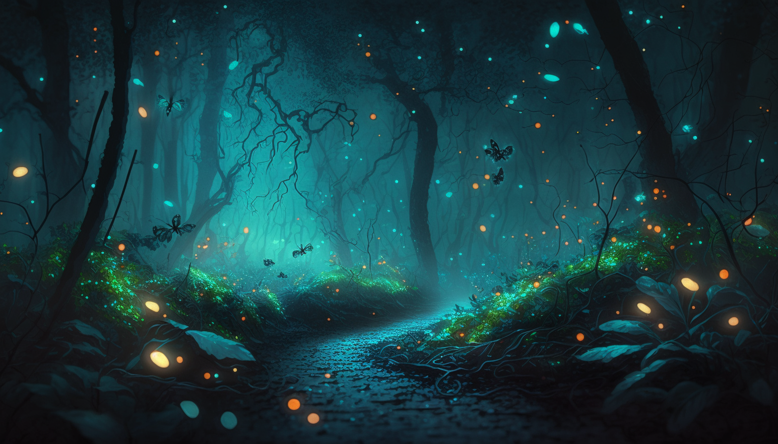 A dreamlike scene of a misty forest with glowing fireflies, highlighting the beauty of bioluminescence.