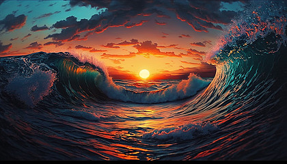 A vibrant sunset over the ocean waves.