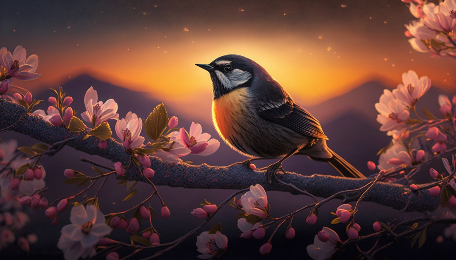 A digital art of a bird perched on a blooming dogwood branch with the background of a beautiful sunset.