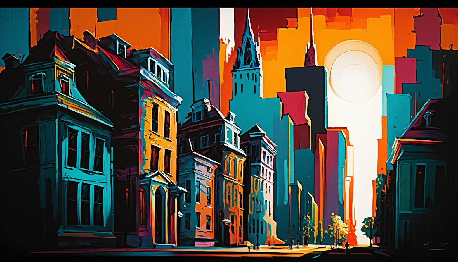 Cityscape painting with Expressionist style bold colors