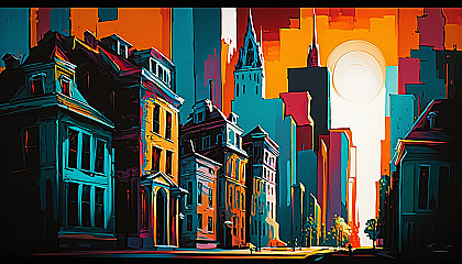 Cityscape painting with Expressionist style bold colors