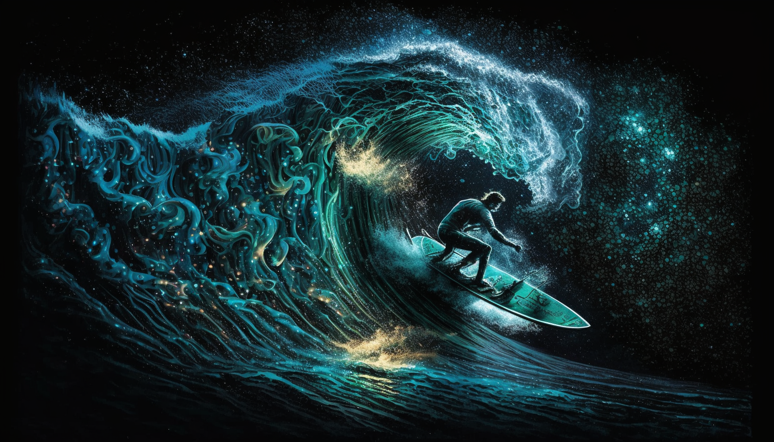 A surfer riding a wave at night with the water illuminated by glowing blue and green lights, creating a sense of motion and speed.