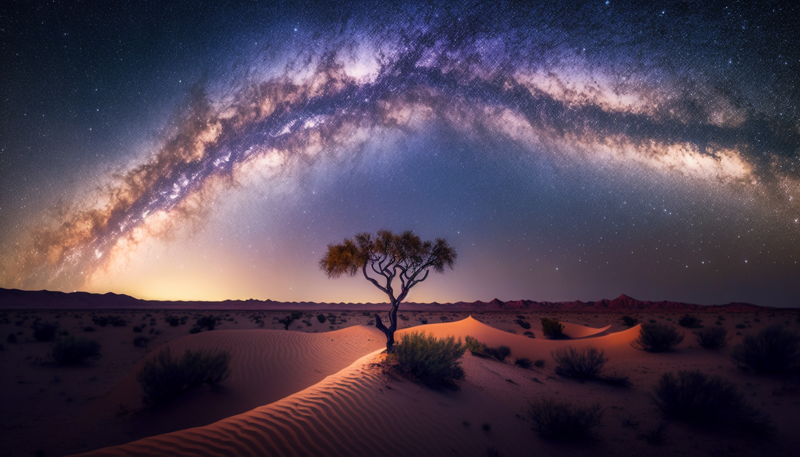 A night sky over a desert landscape with the Milky Way galaxy visible