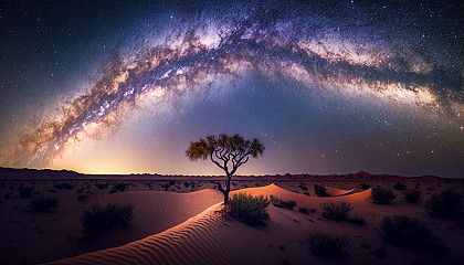 A night sky over a desert landscape with the Milky Way galaxy visible