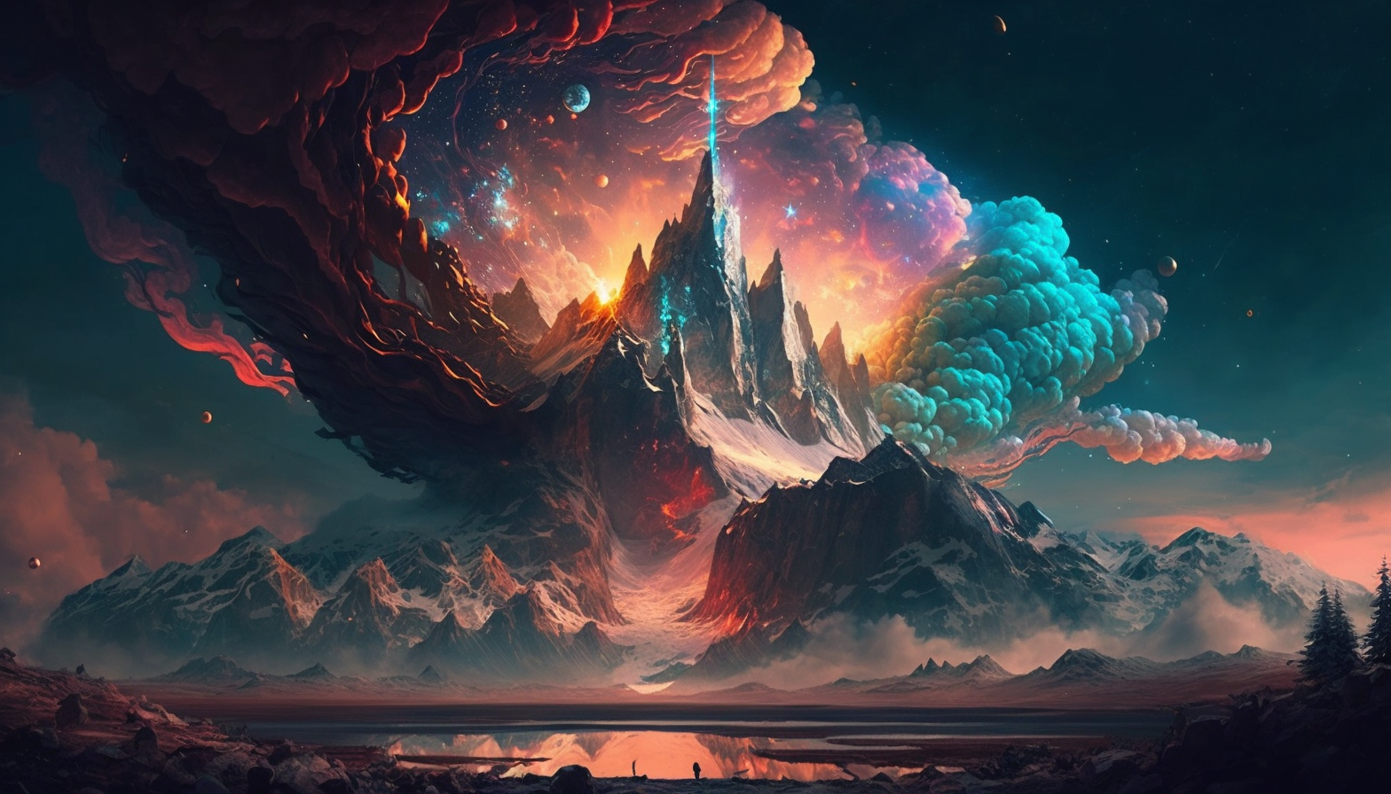 An otherworldly landscape with floating mountains and a nebula-filled sky.