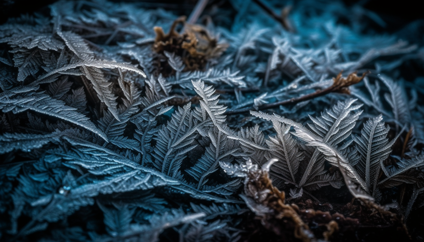 Intricate patterns formed by frost or ice on various surfaces.