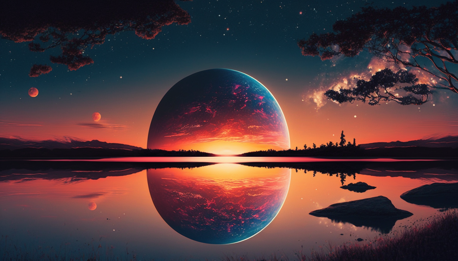 A vibrant sunset over a calm lake, with a planet hanging low on the horizon.