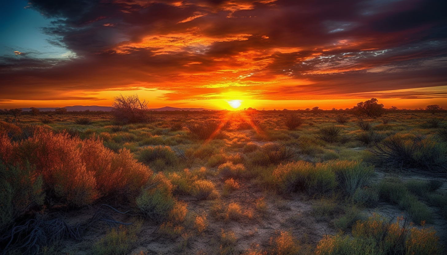 Colorful, dramatic skies during sunrises and sunsets over open landscapes.