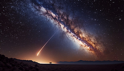 A breathtaking view of the Milky Way galaxy, with a shooting star streaking across the sky.
