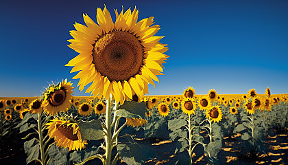 A field of sunflowers with a clear blue sky