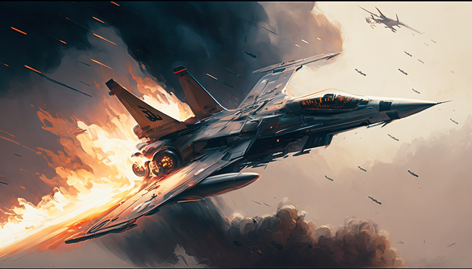 A fighter jet flying through the sky with flames and smoke trailing behind it, creating a sense of speed and power.