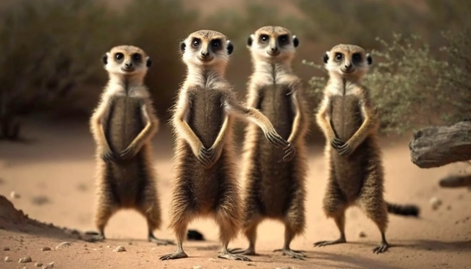 A family of meerkats standing on their hind legs