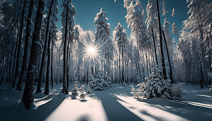 A snow-covered forest with a clear blue sky and sunlight peeking through the trees.