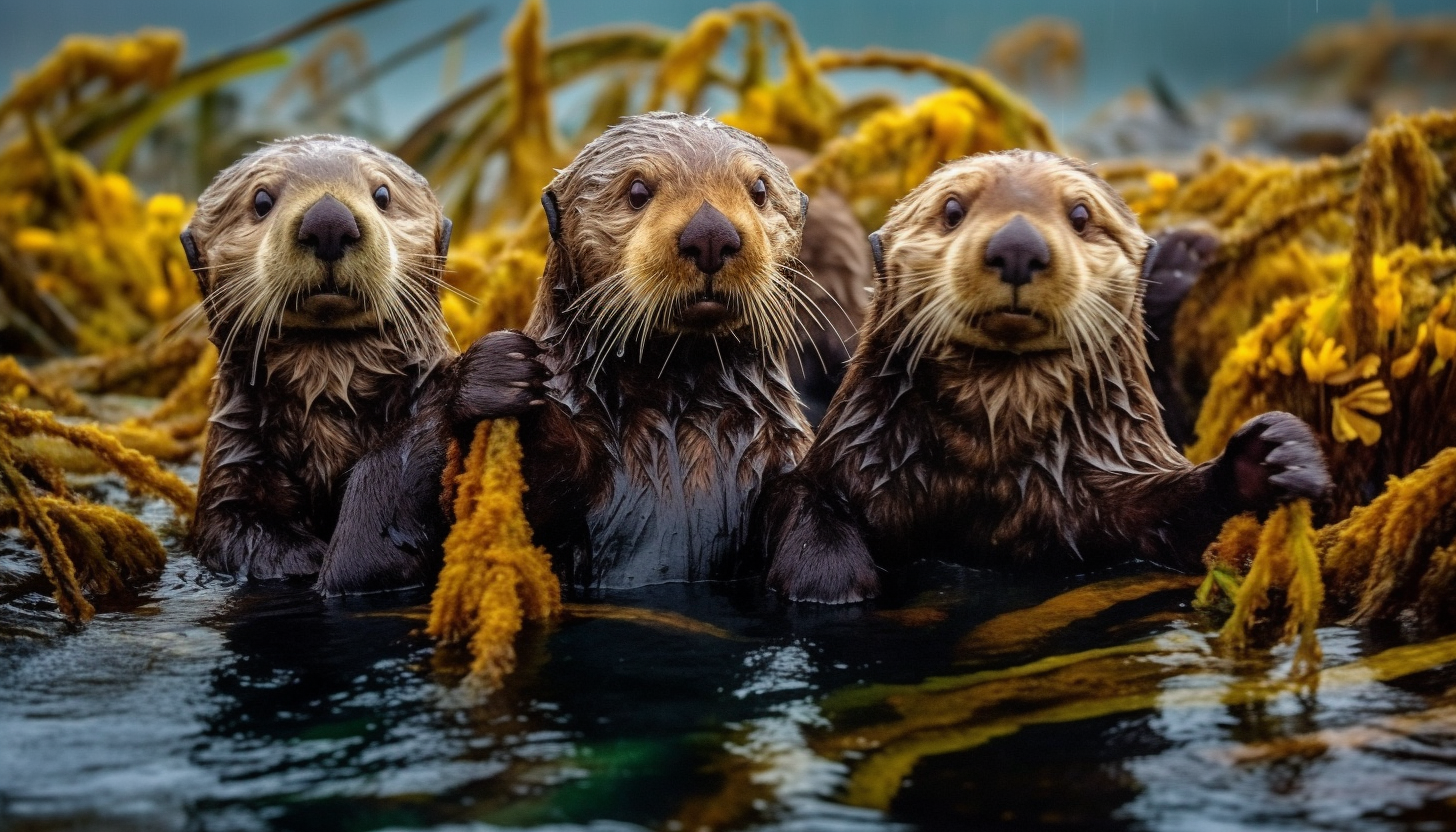 A family of sea otters frolicking in a kelp forest.