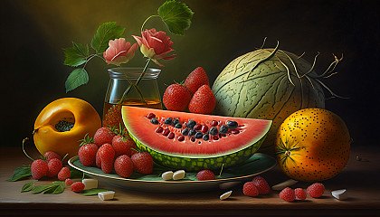 A still life painting of summer fruits like watermelon, mangoes, and strawberries.