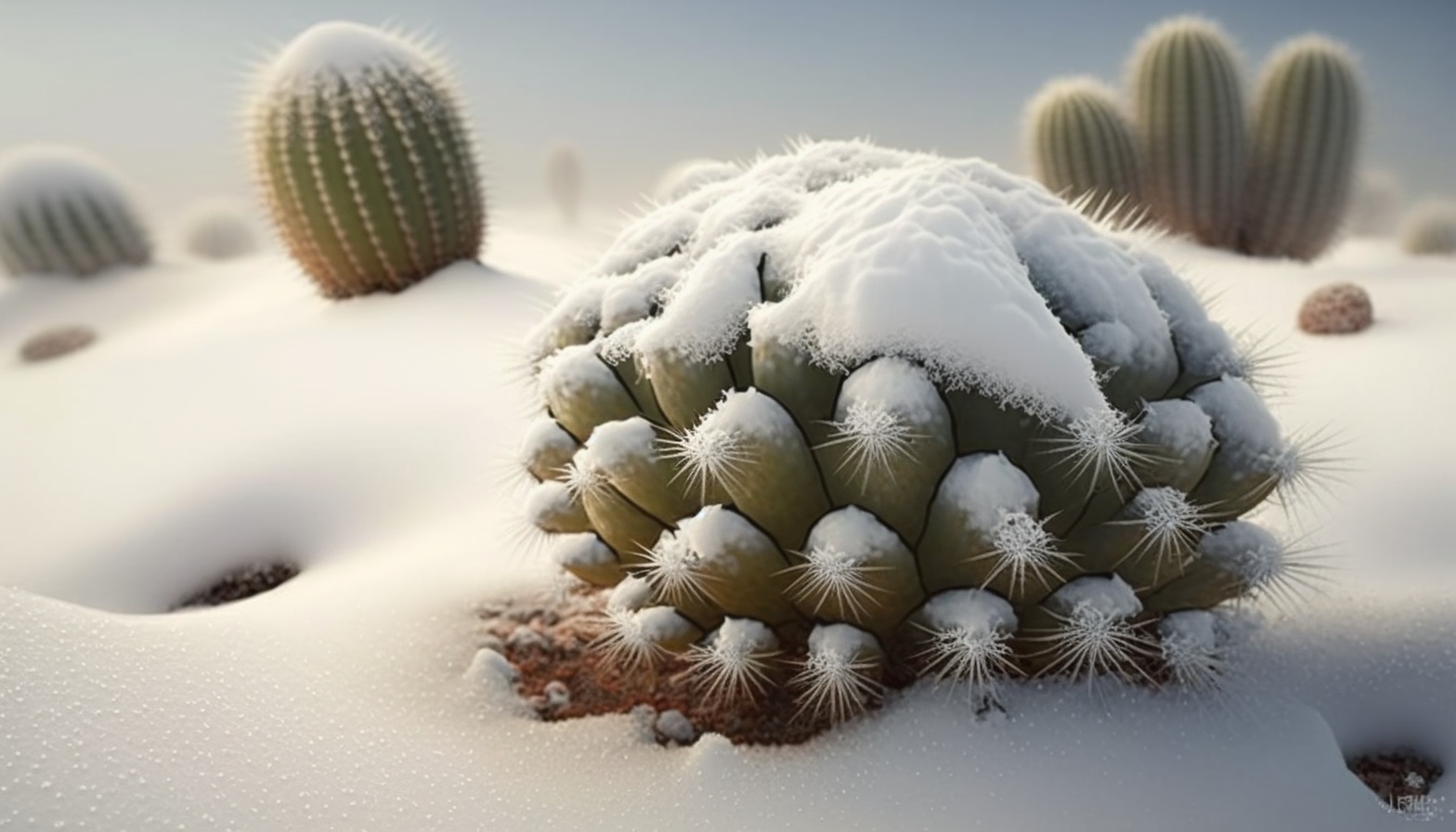 A lone cactus covered in snow