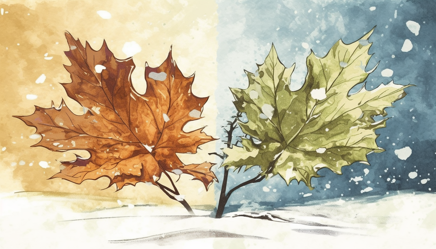 Art depicting the shift between seasons, like autumn leaves turning into winter snow.