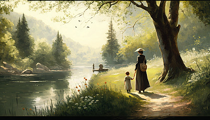A peaceful landscape painting, with a mother and child depicted in a tranquil natural setting.