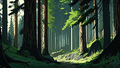 A dense forest with tall trees and green foliage.