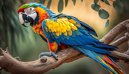 A colorful macaw perched on a tree branch