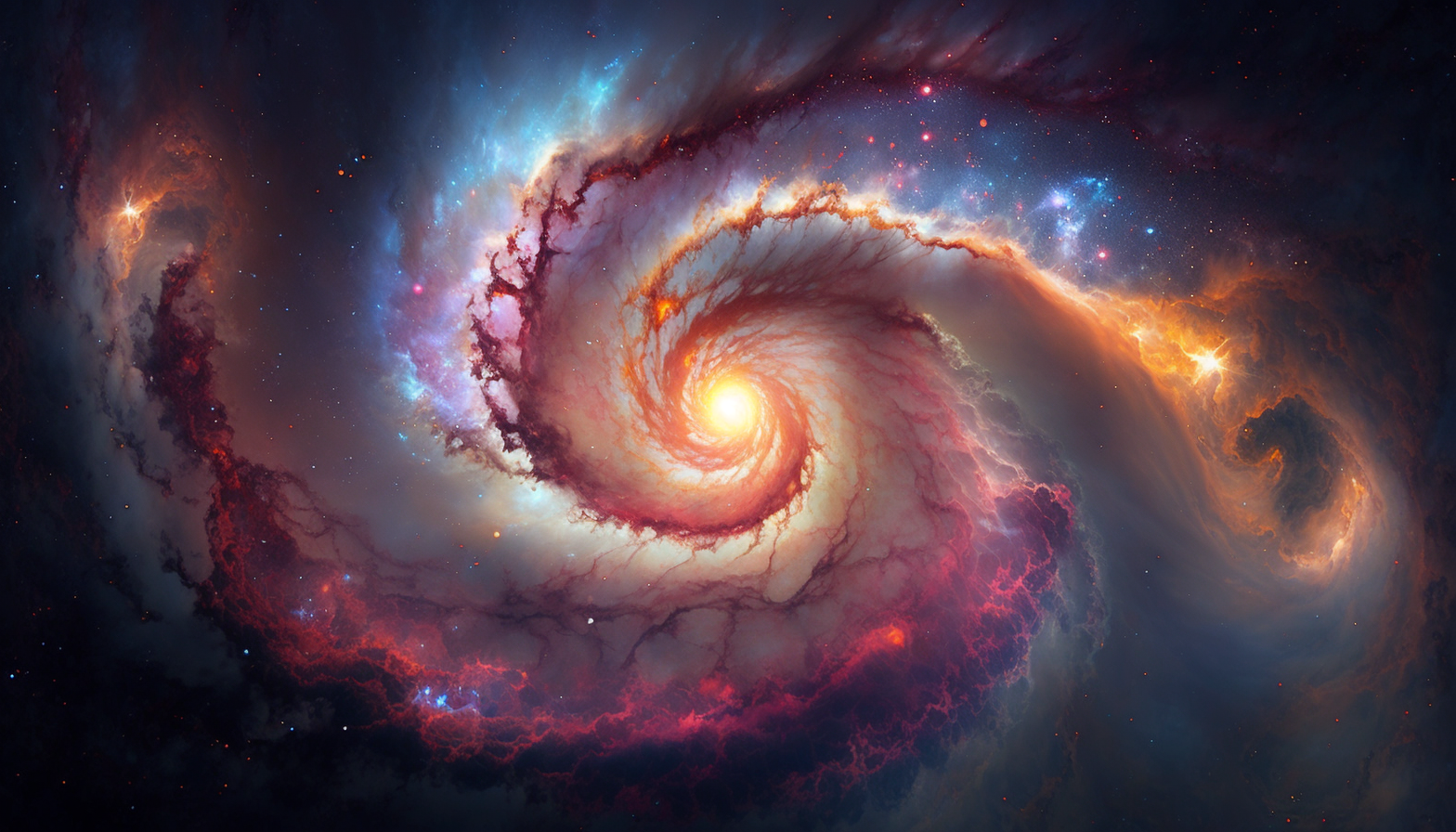 A close-up of a swirling galaxy with bright, colorful stars and clouds of gas and dust.