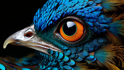 A close-up of a peacock's feather, showcasing its intricate patterns and vivid colors.