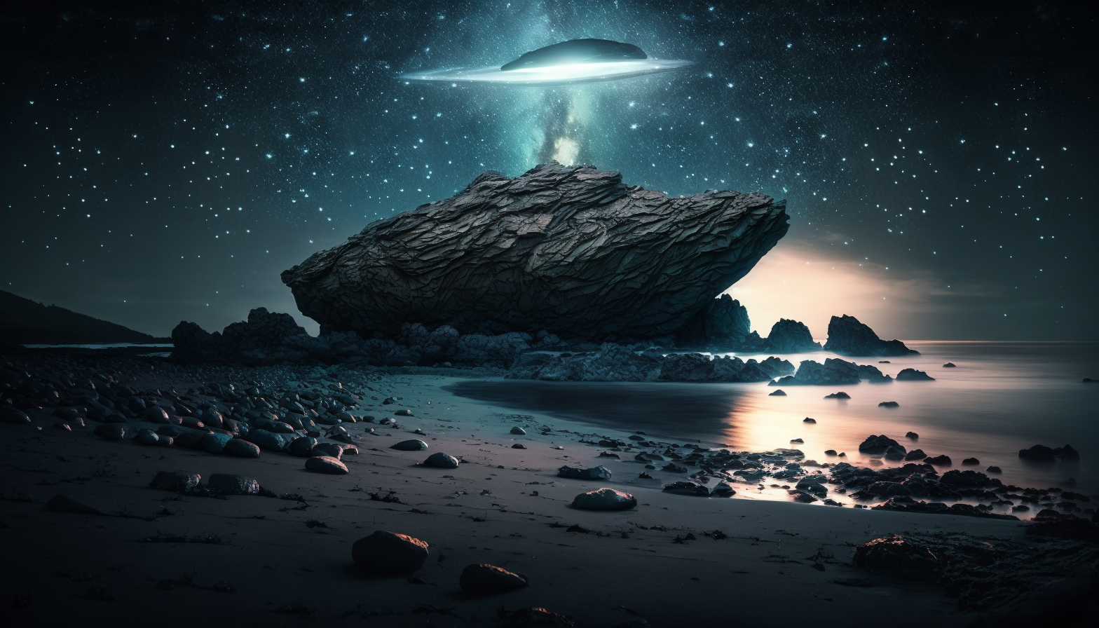 A surreal landscape of a rocky beach under a starry sky, with a UFO hovering in the distance.