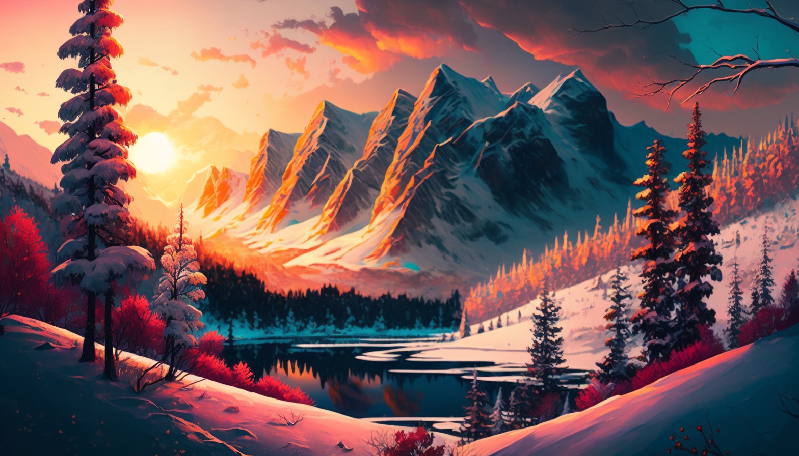 "Colorful Winter Wonderland": A winter landscape of colorful trees and snow-covered mountains, with the sun setting behind.