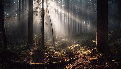 Foggy, mysterious forests with beams of sunlight piercing through the canopy.