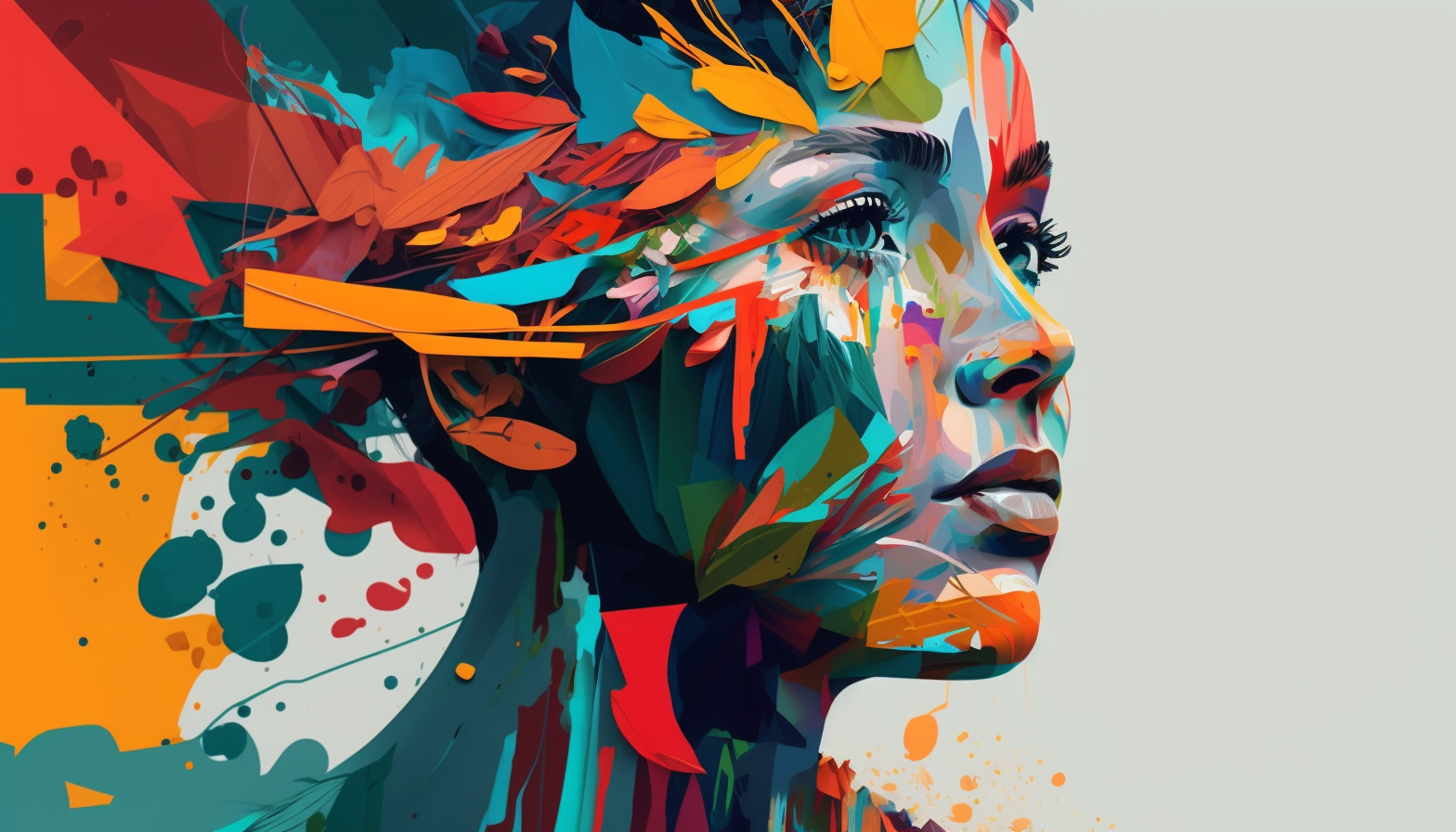 A digital portrait of a person with colorful, abstract shapes in the background