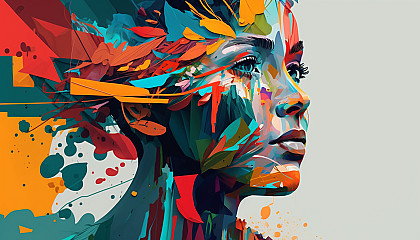 A digital portrait of a person with colorful, abstract shapes in the background