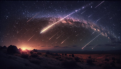 A photo of a meteor shower with streaks of light cutting through the darkness of space.