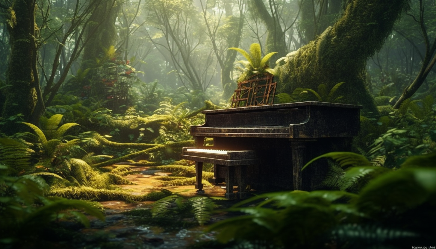 A grand piano nestled within a dense, tranquil forest.