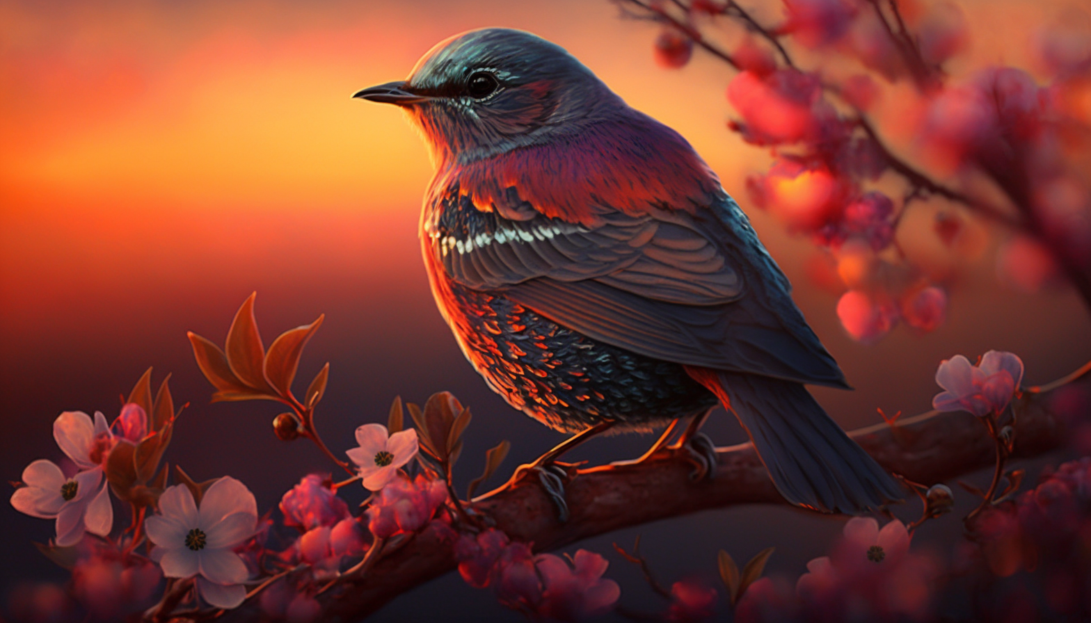 A digital art of a bird perched on a blooming dogwood branch with the background of a beautiful sunset.