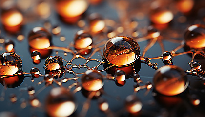 A close-up of dewdrops on a spiderweb, each one reflecting the world around it.
