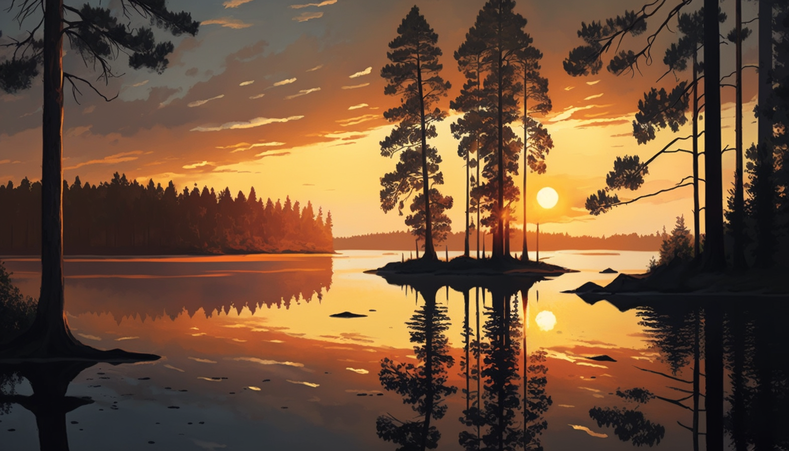 A serene sunset over a calm lake, with tall trees in the foreground.