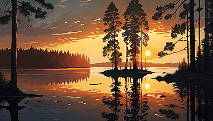 A serene sunset over a calm lake, with tall trees in the foreground.