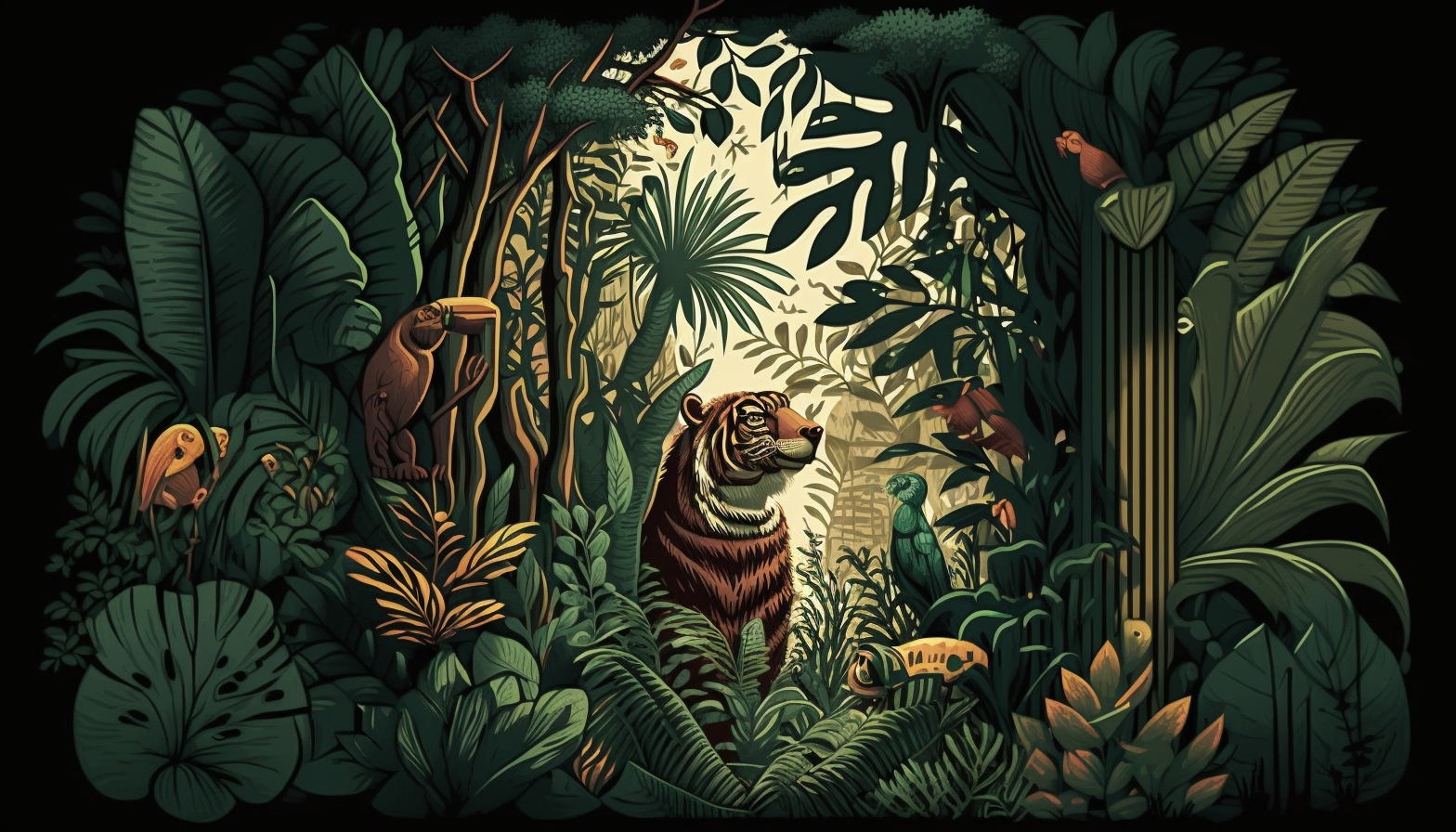 A dense jungle with exotic animals hiding within the foliage