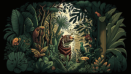 A dense jungle with exotic animals hiding within the foliage