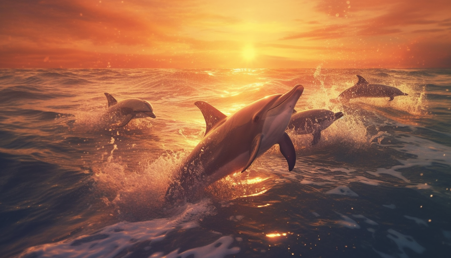 A pod of dolphins leaping in the ocean waves at sunset.