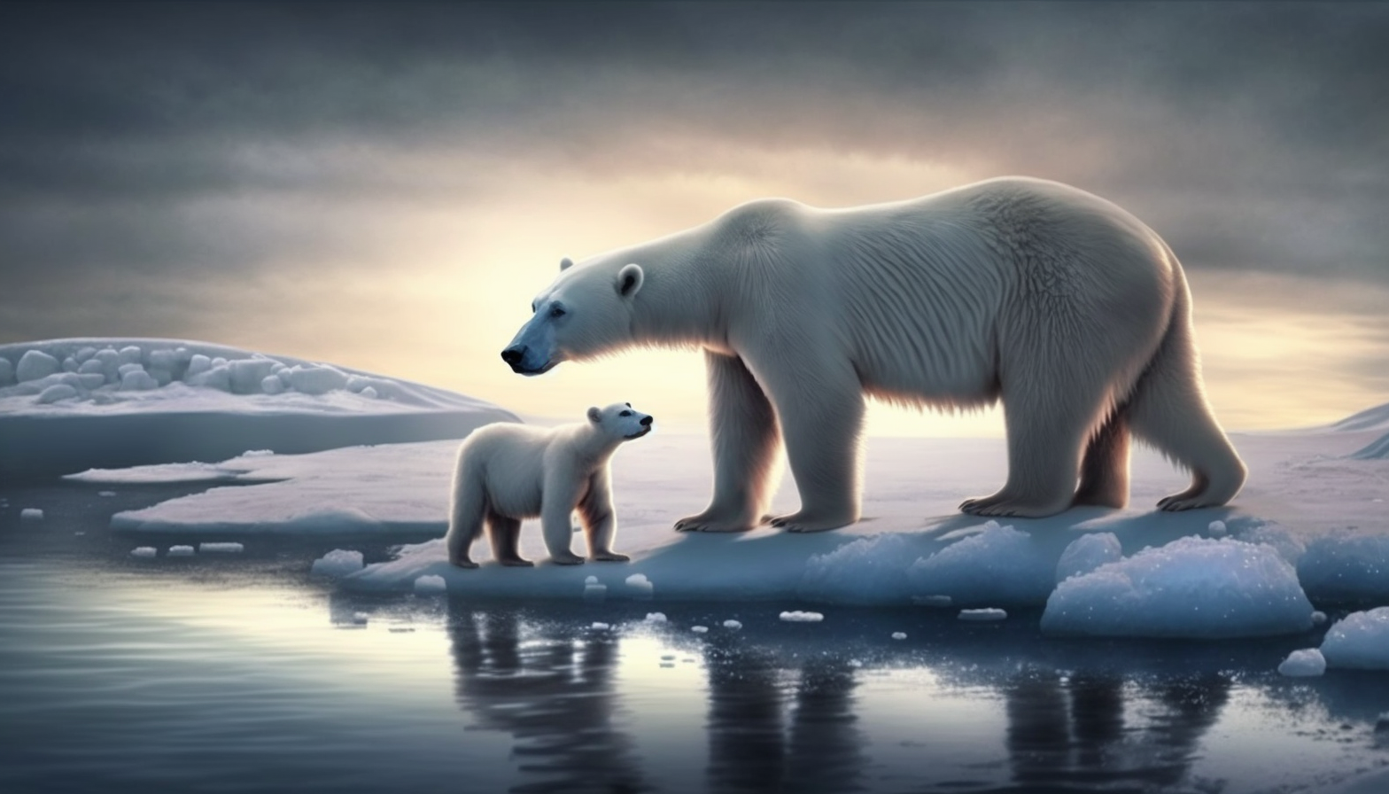 A polar bear with her cub on an icy landscape