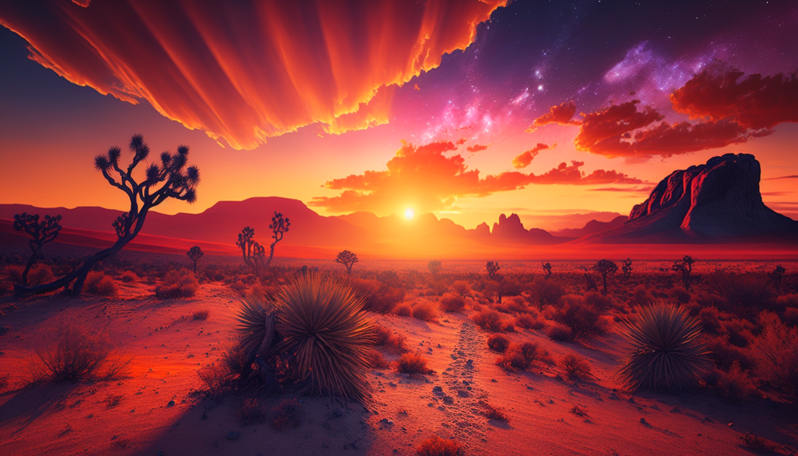 A vibrant sunset over a desert landscape.