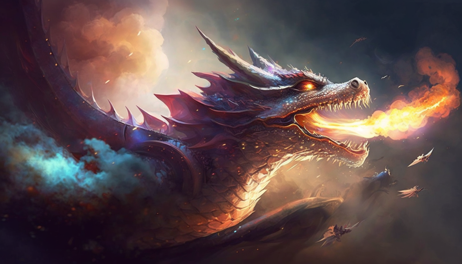 A dragon breathing fire while soaring through the sky at high speed.