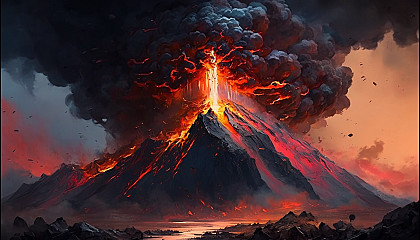 An oil painting of a volcano erupting with molten lava and smoke.
