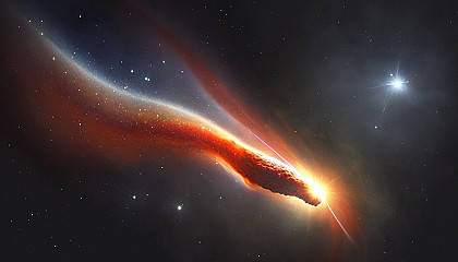 A comet streaking through space with a fiery tail.