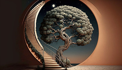 A surreal depiction of a tree growing into a staircase, leading to the moon in the sky.