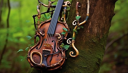 Instruments growing from tree branches, blending nature and music.