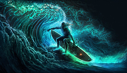 A surfer riding a wave at night with the water illuminated by glowing blue and green lights, creating a sense of motion and speed.